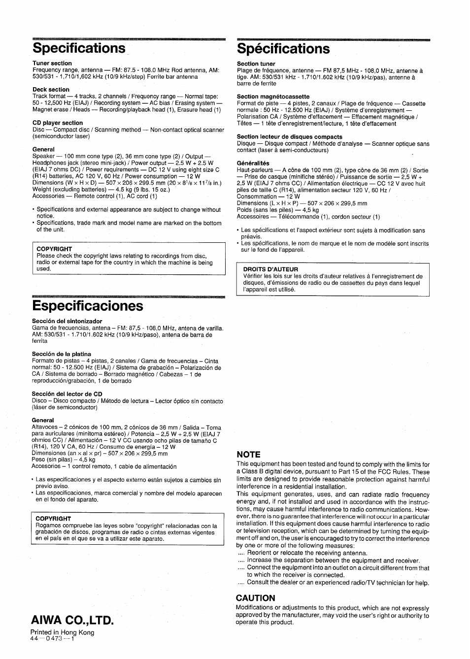 Especificaciones, Note, Caution | Specifications spécifications, Aiwa co.,ltd | Aiwa CSD-ED87 User Manual | Page 20 / 20