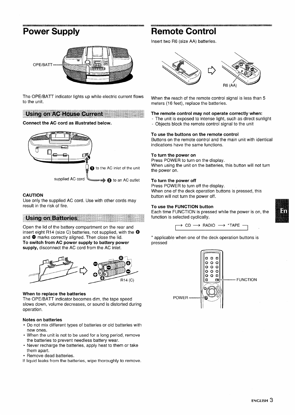 Power supply, Remote control, Using on ac house current | Using on batteries | Aiwa CSD-ED87 User Manual | Page 3 / 20