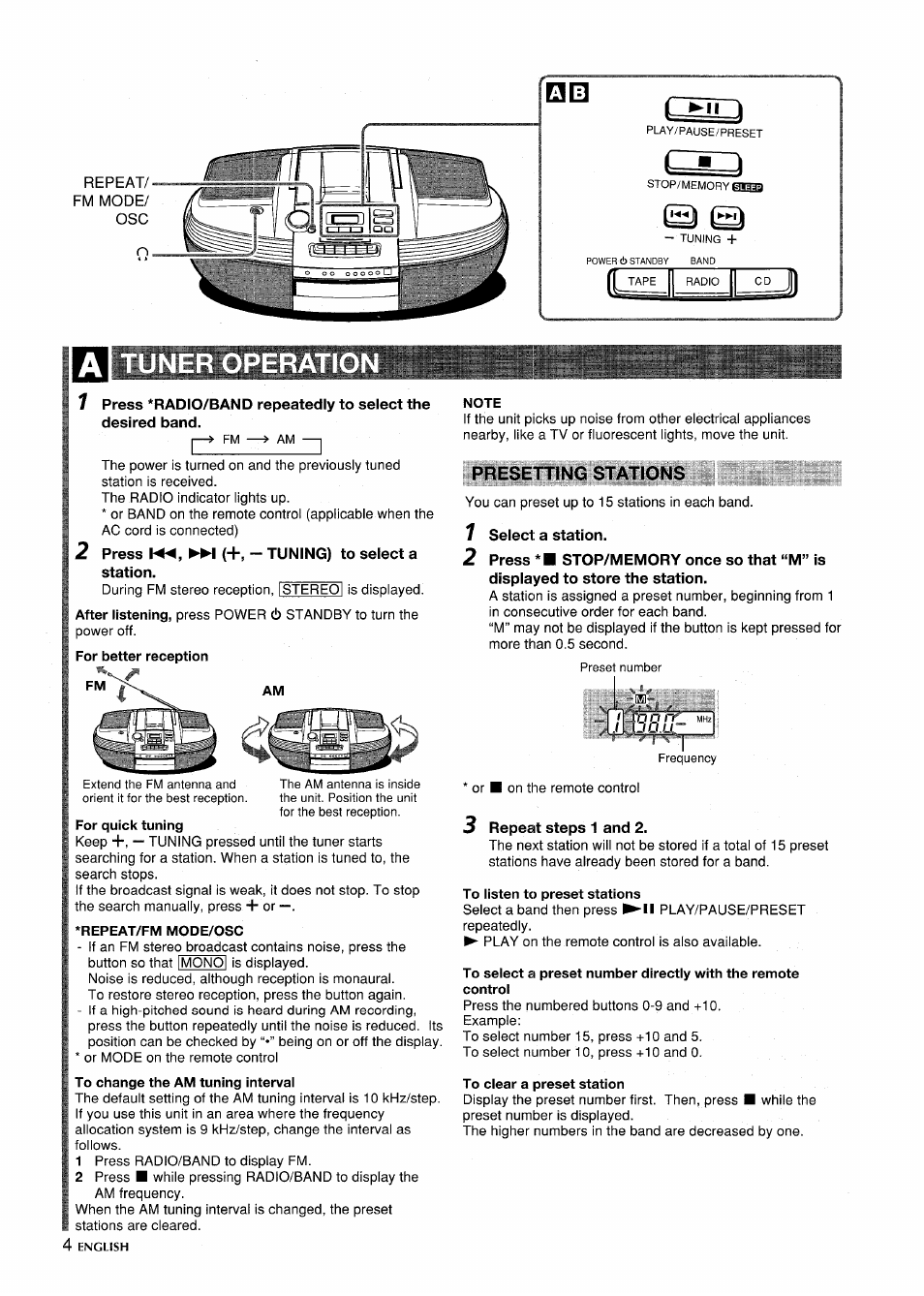 Tuner operation, For better reception fm, Note | Presetting stations, Repeat/fm mode/osc, To listen to preset stations, To clear a preset station | Aiwa CSD-ED87 User Manual | Page 4 / 20