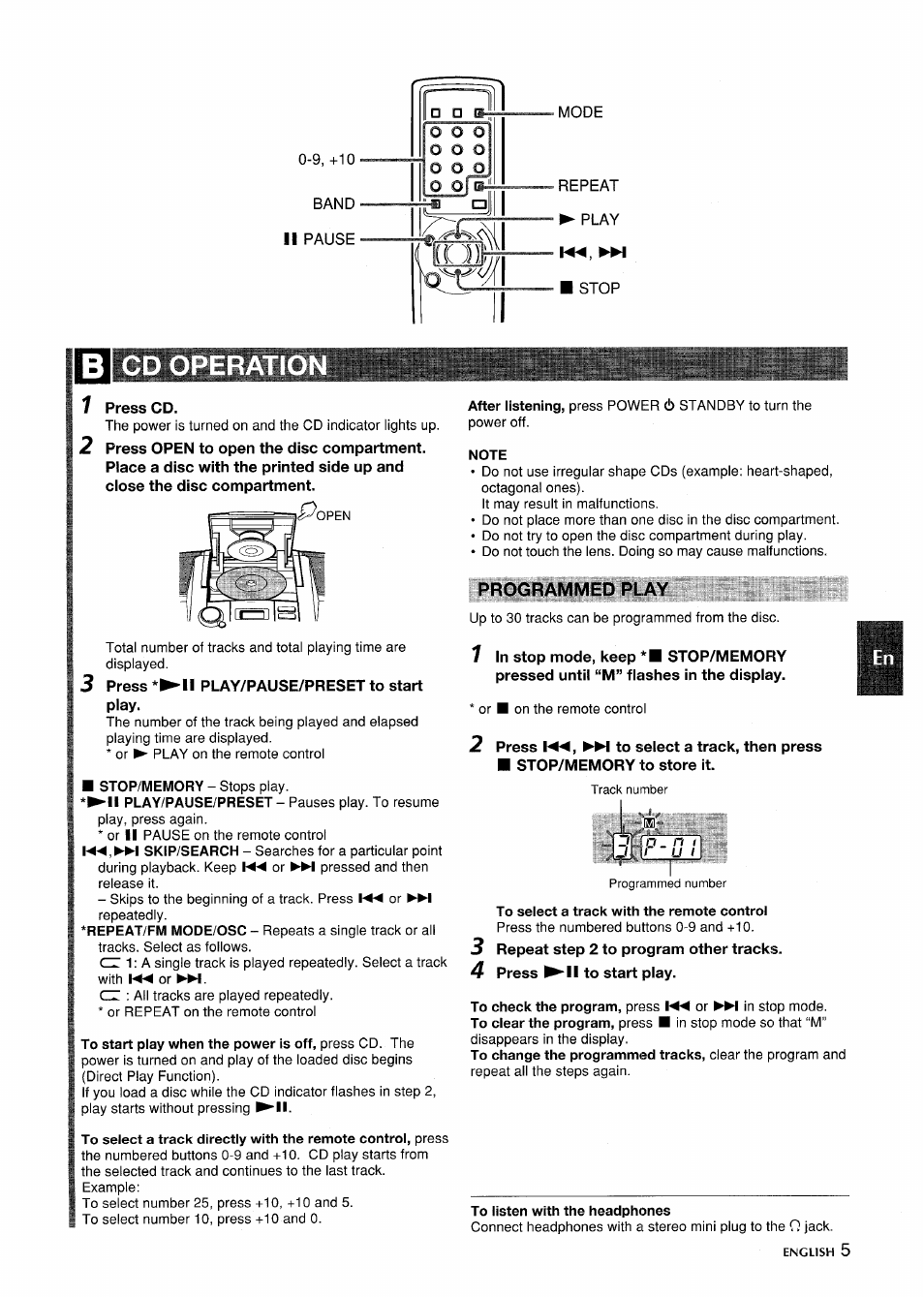 Cd operation, Note, Programmed play | To select a track with the remote control, To listen with the headphones, Mcd operation, O o o | Aiwa CSD-ED87 User Manual | Page 5 / 20