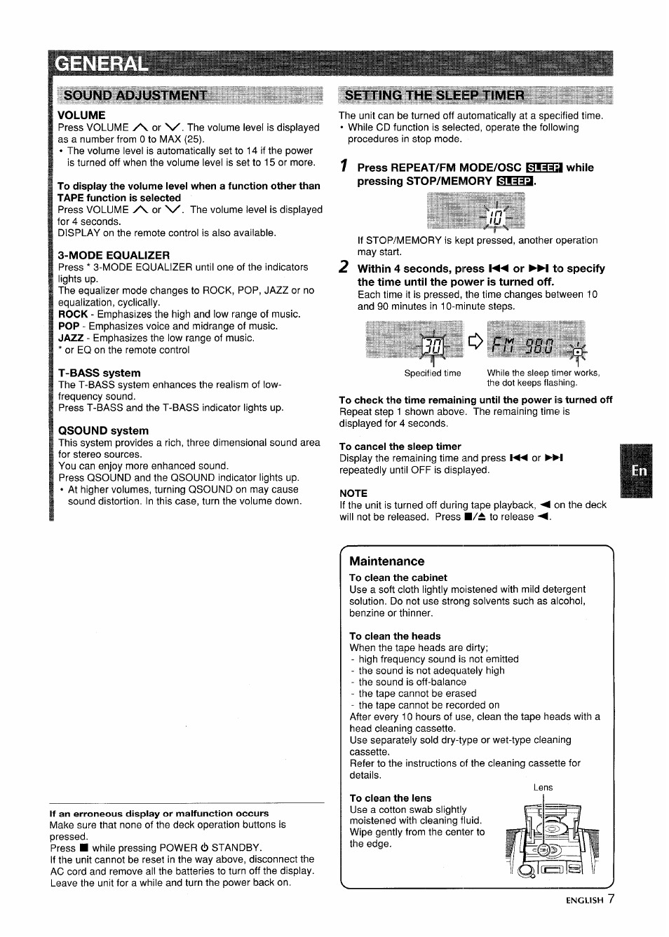 Sound adjustment, Setting the sleep timer, To cancel the sleep timer | Note, Maintenance, To clean the cabinet, To clean the heads | Aiwa CSD-ED87 User Manual | Page 7 / 20