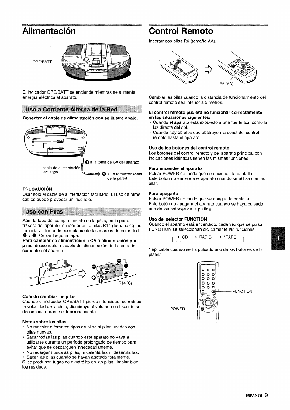 Alimentación, Uso a corriente alterna de la red, Precaucion | Uso con pilas, Notas sobre las pilas, Control remoto, Uso de los botones del control remoto, Para encender el aparato, Para apagarlo, Uso del selector function | Aiwa CSD-ED87 User Manual | Page 9 / 20