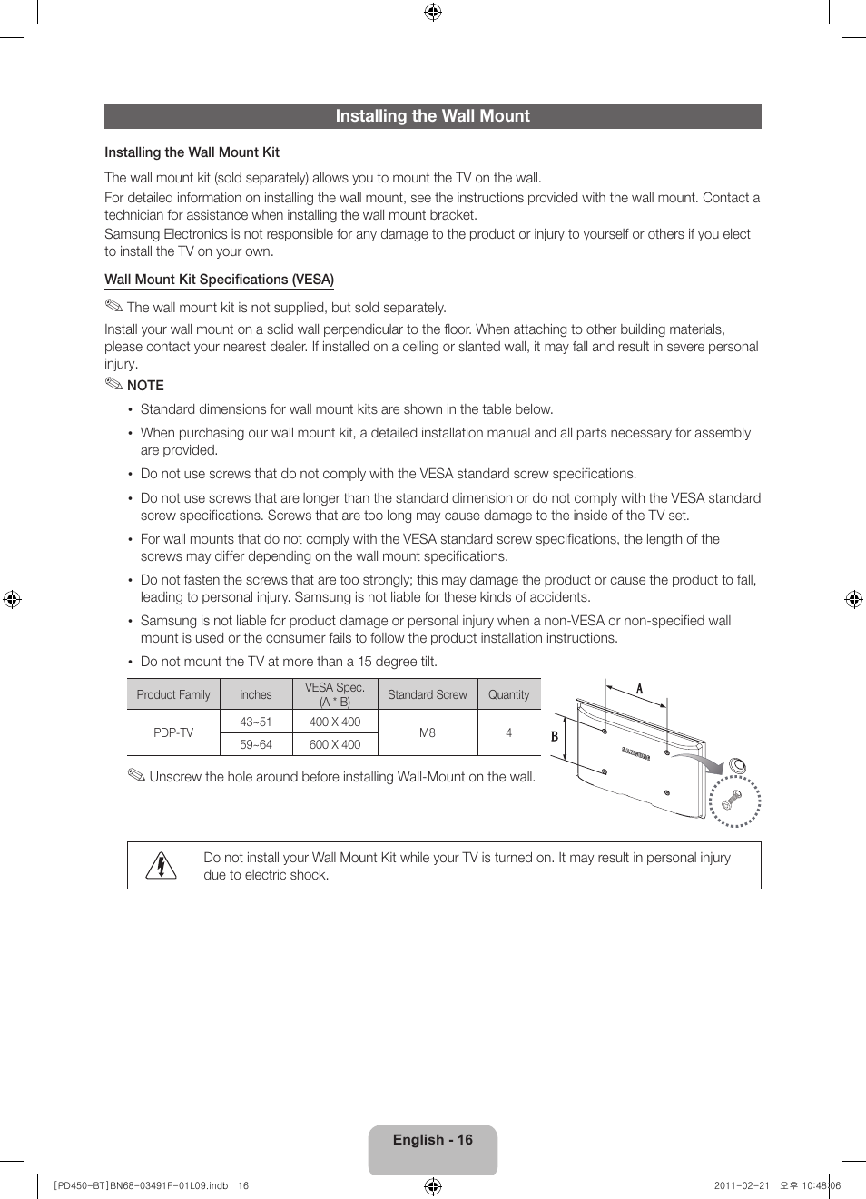 Samsung PS43D450A2W User Manual | Page 16 / 164