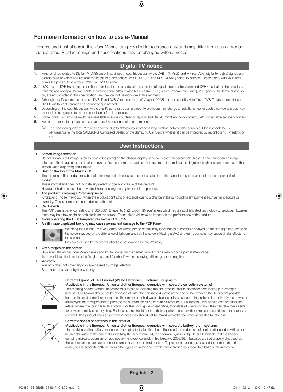 For more information on how to use e-manual, Digital tv notice, User instructions | Samsung PS43D450A2W User Manual | Page 2 / 164