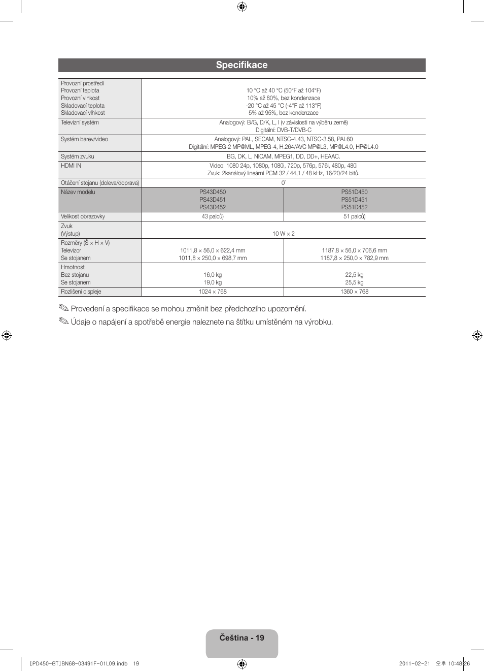 Specifikace | Samsung PS43D450A2W User Manual | Page 37 / 164