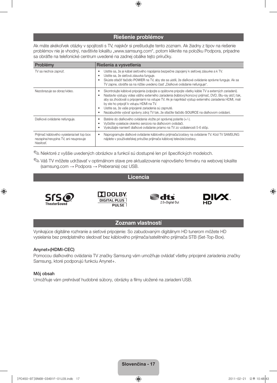 Riešenie problémov, Licencia zoznam vlastností | Samsung PS43D450A2W User Manual | Page 53 / 164