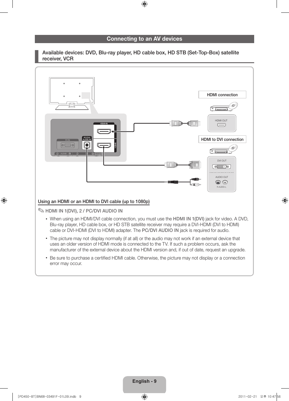 Connecting to an av devices | Samsung PS43D450A2W User Manual | Page 9 / 164