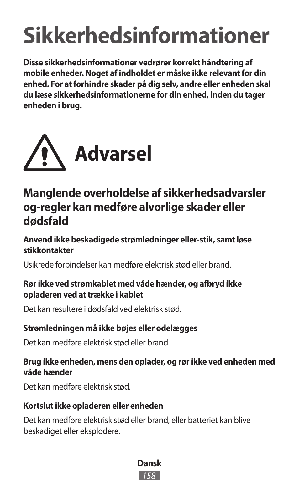 Dansk, Sikkerhedsinformationer, Advarsel | Samsung SM-P905 User Manual | Page 159 / 718