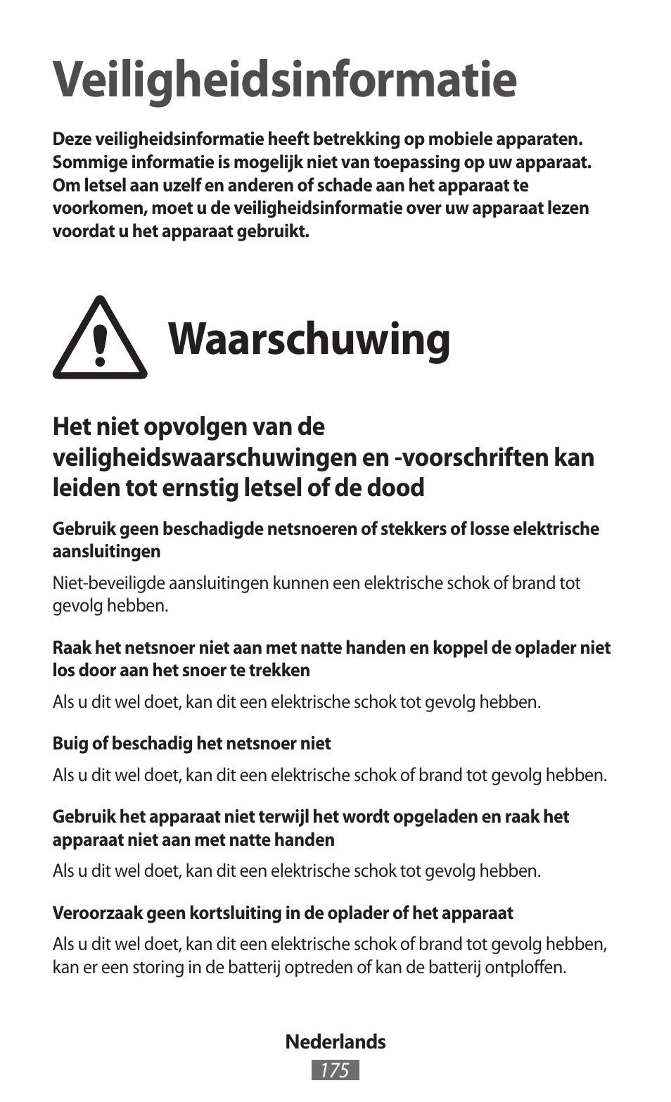 Nederlands, Veiligheidsinformatie, Waarschuwing | Samsung SM-P905 User Manual | Page 176 / 718