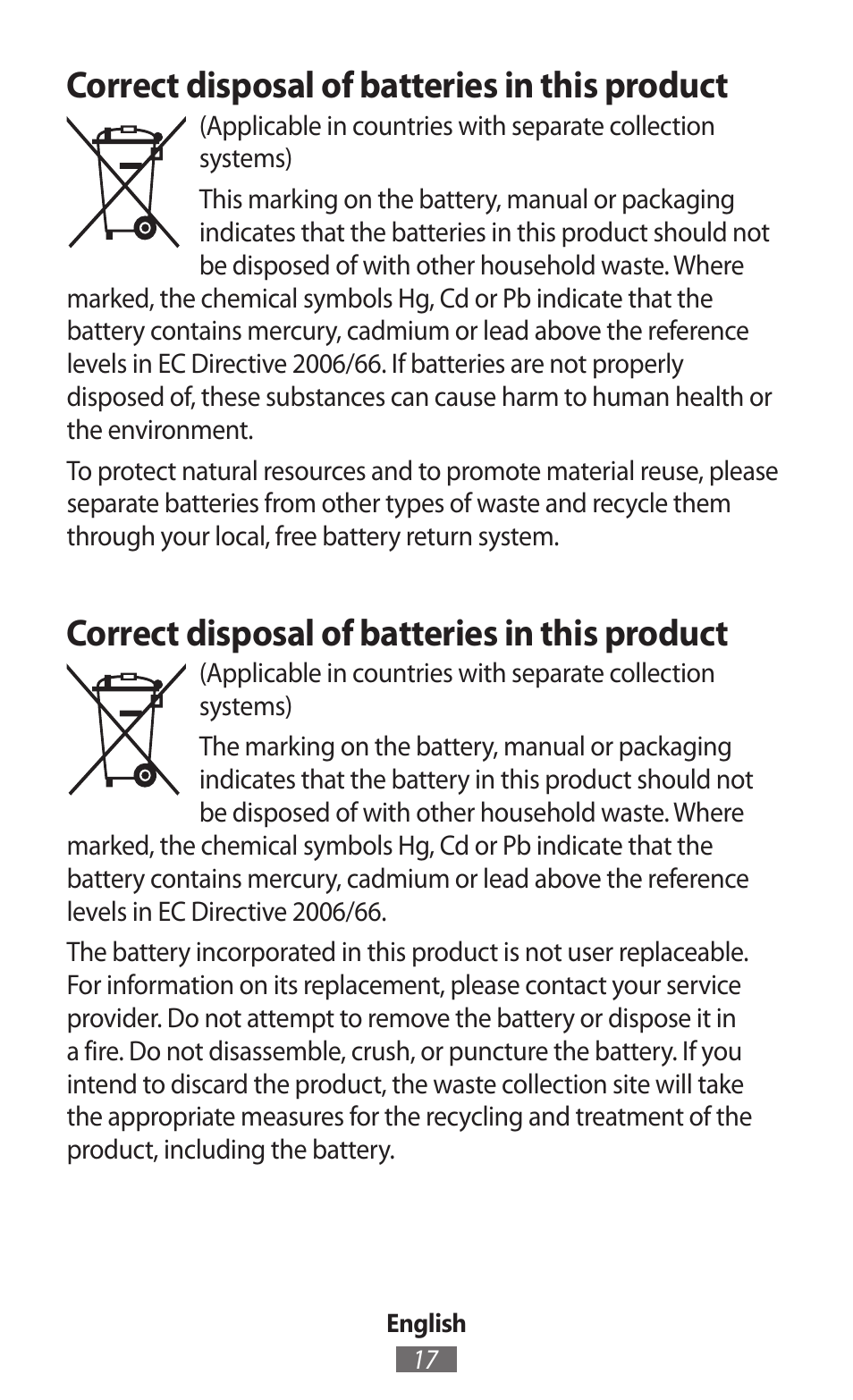 Correct disposal of batteries in this product | Samsung SM-P905 User Manual | Page 18 / 718