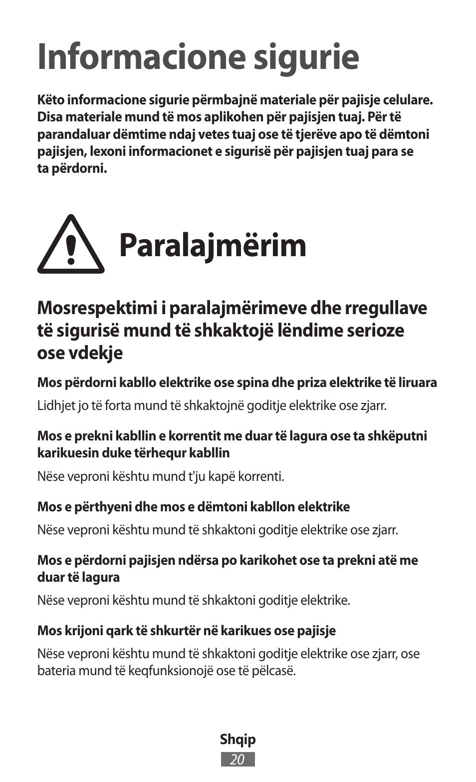 Shqip, Informacione sigurie, Paralajmërim | Samsung SM-P905 User Manual | Page 21 / 718