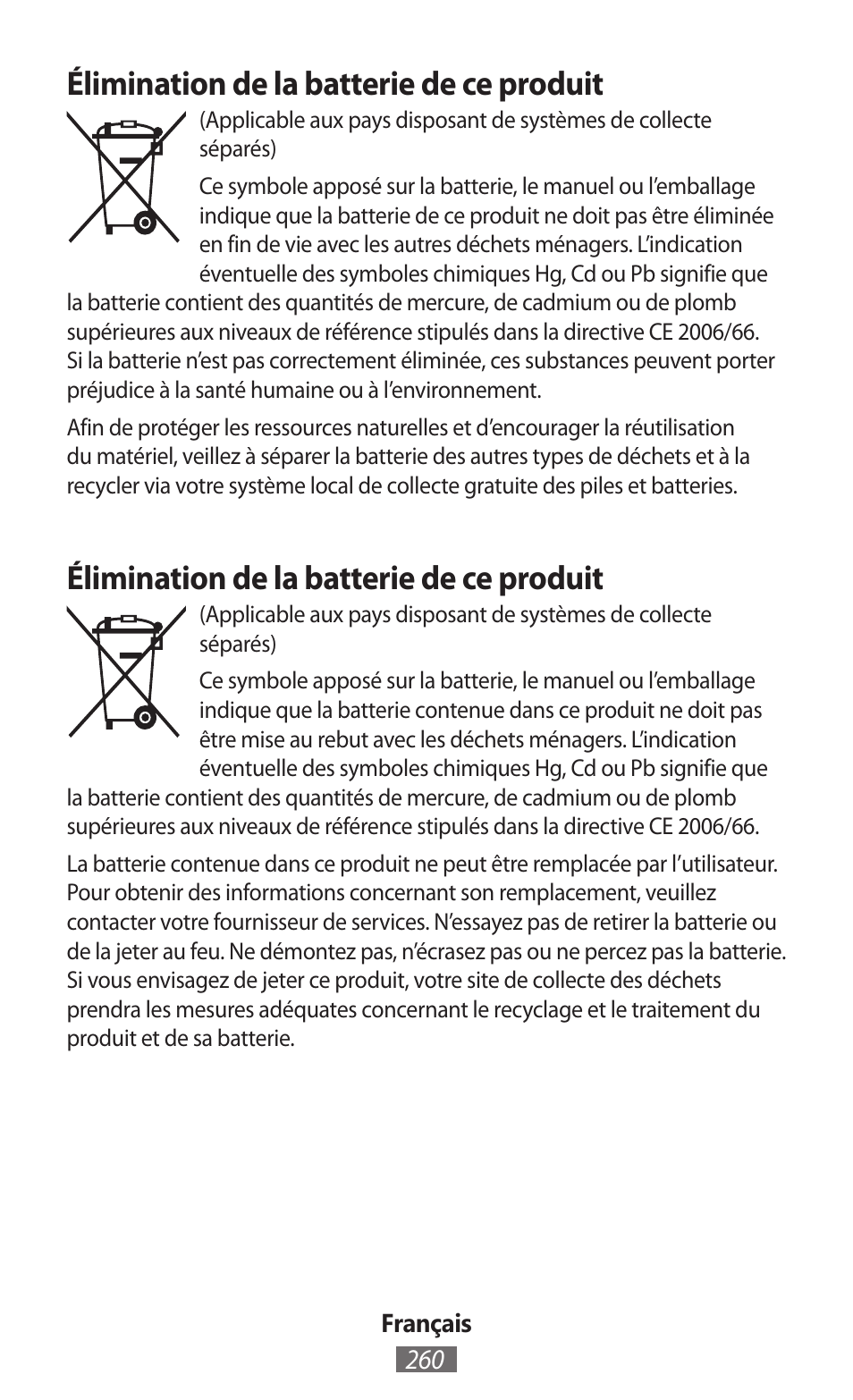 Élimination de la batterie de ce produit | Samsung SM-P905 User Manual | Page 261 / 718