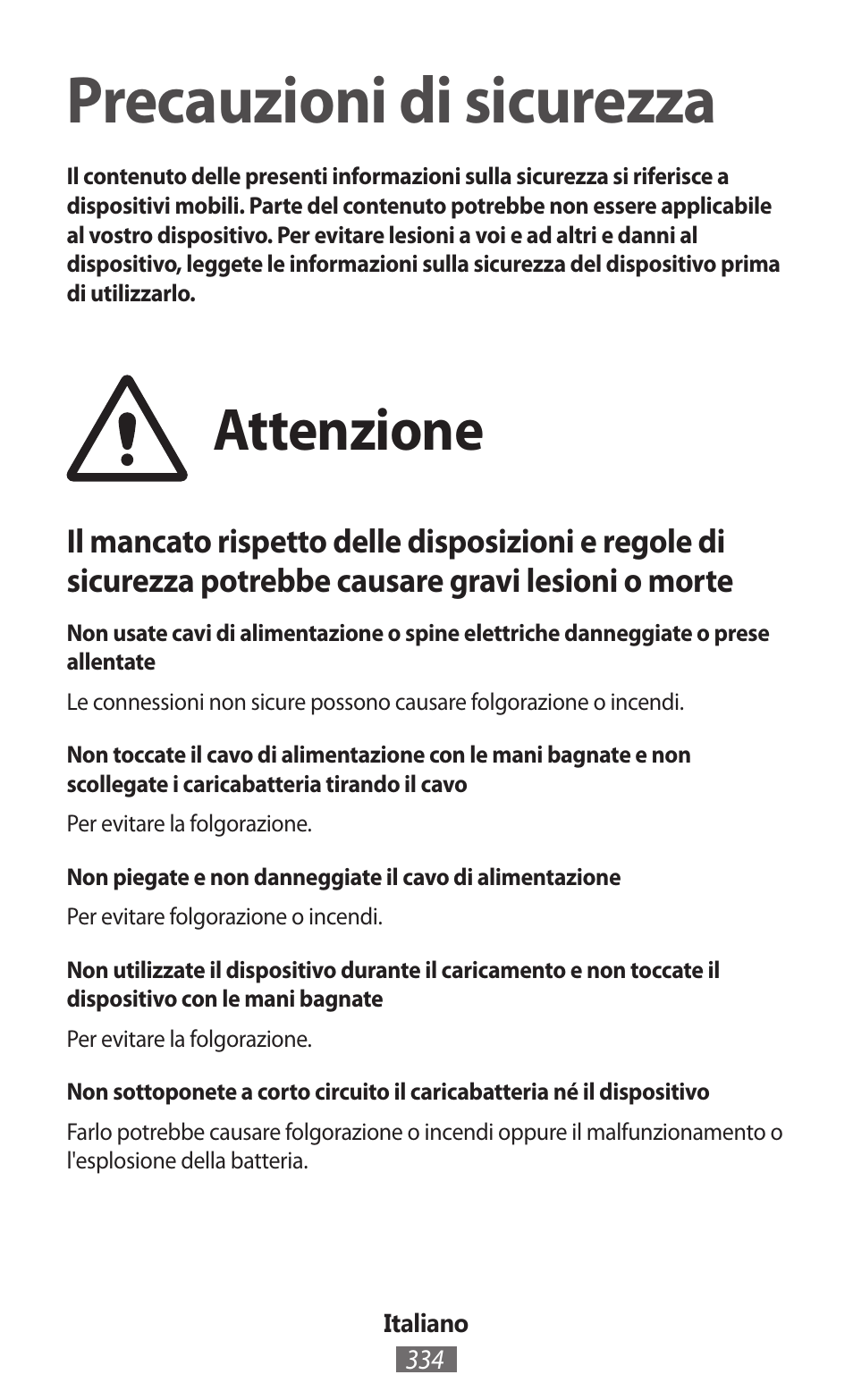 Italiano, Precauzioni di sicurezza, Attenzione | Samsung SM-P905 User Manual | Page 335 / 718