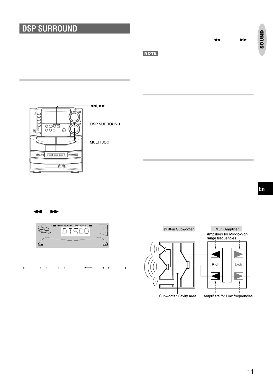 Dsp surround, Selecting a programmed dsp surround mode, Multi-amplifier system | Built-in subwoofer system | Aiwa NSX-DS8 User Manual | Page 11 / 101