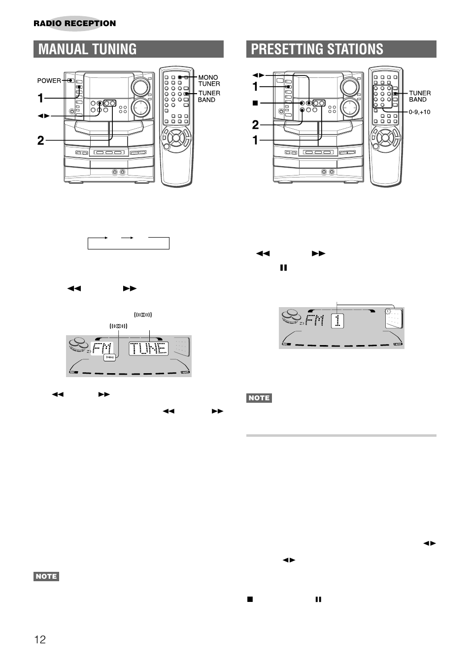 Presetting stations, Manual tuning, Preset number tuning | Aiwa NSX-DS8 User Manual | Page 12 / 101