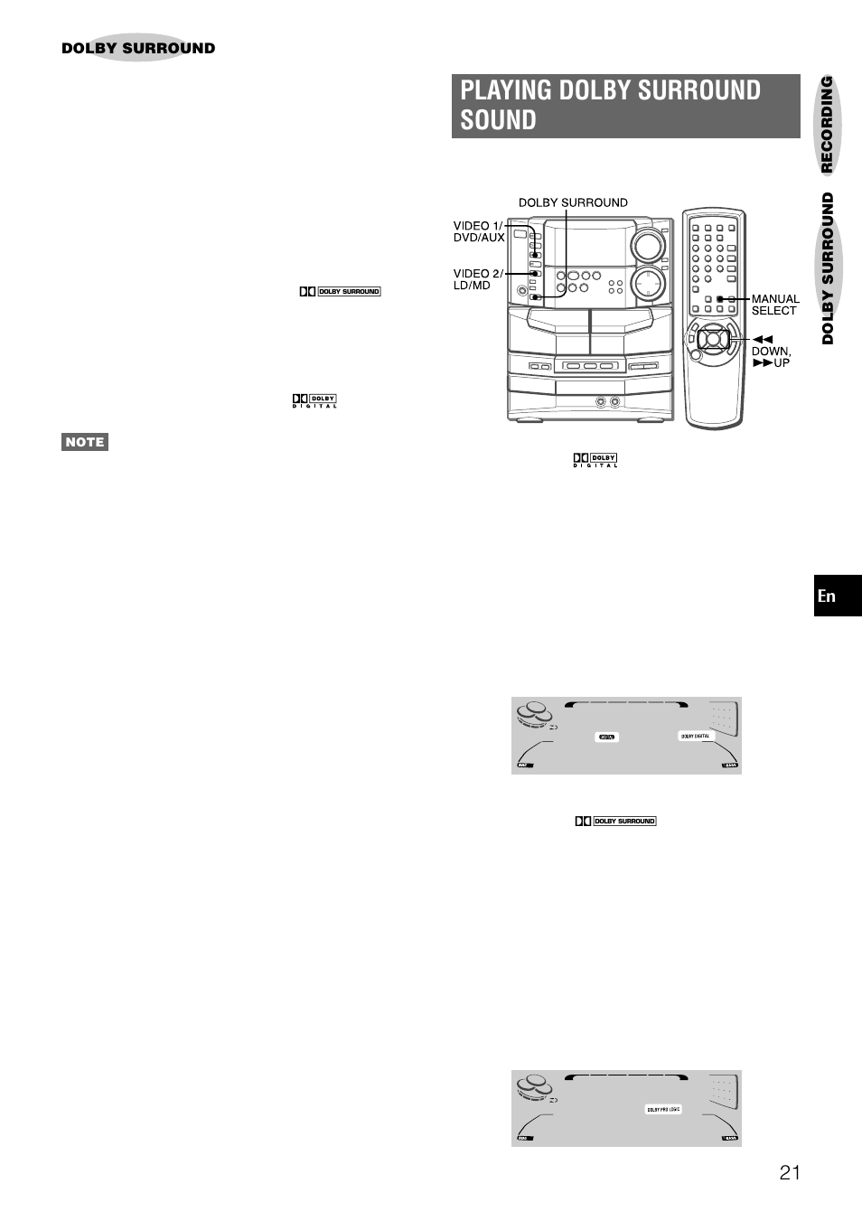 Playing dolby surround sound | Aiwa NSX-DS8 User Manual | Page 21 / 101