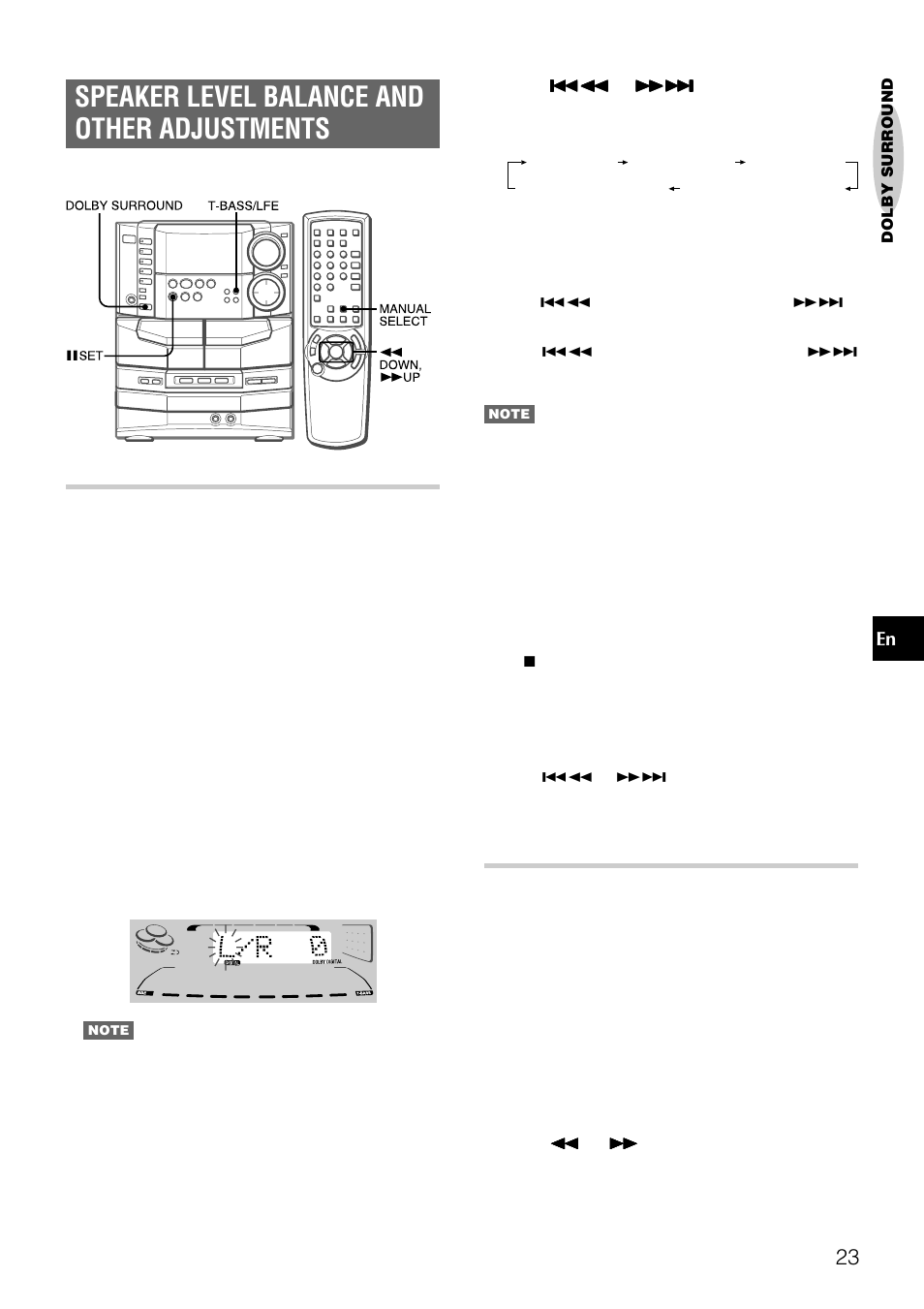 Speaker level balance and other adjustments, Adjusting sound level of speakers, Adjusting low-frequency effect level | Aiwa NSX-DS8 User Manual | Page 23 / 101