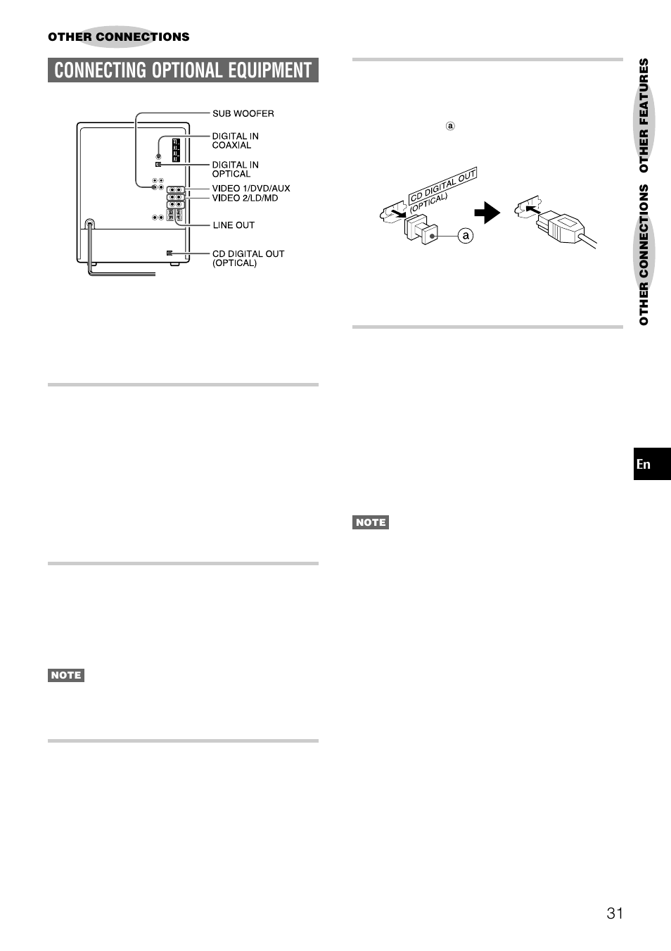 Connecting optional equipment, Cd digital out (optical) jack, Digital in jacks | Video1/dvd/aux or video2/ld/md jacks, Line out jacks, Sub woofer jack | Aiwa NSX-DS8 User Manual | Page 31 / 101