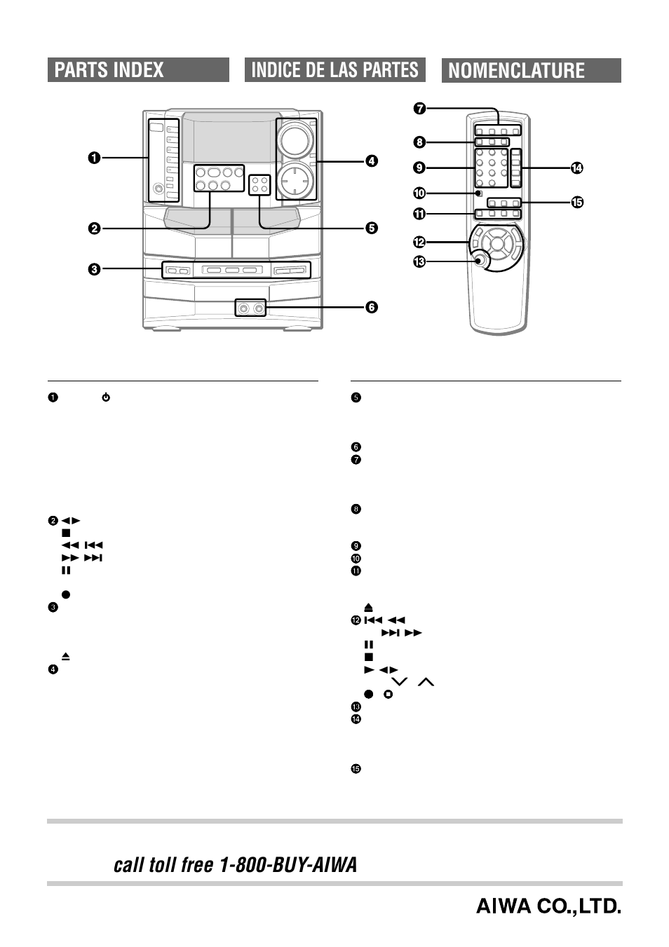 Call toll free 1-800-buy-aiwa, Parts index indice de las partes nomenclature, For assistance and information | United states and puerto rico) | Aiwa NSX-DS8 User Manual | Page 35 / 101