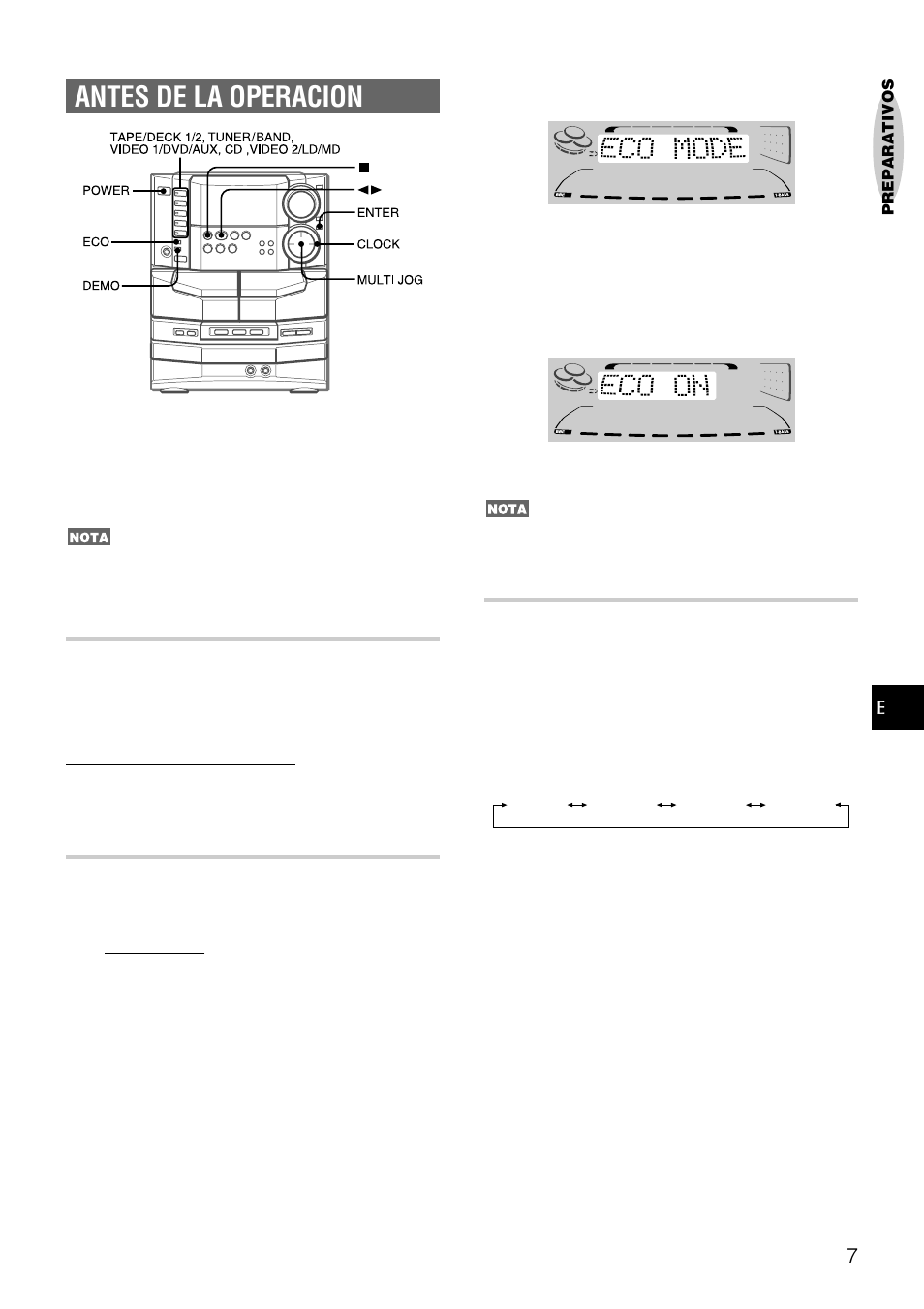 Antes de la operacion, Demo (demostración), Activacion del modo de ahorro de energia | Modo de intensidad de iluminacion | Aiwa NSX-DS8 User Manual | Page 41 / 101