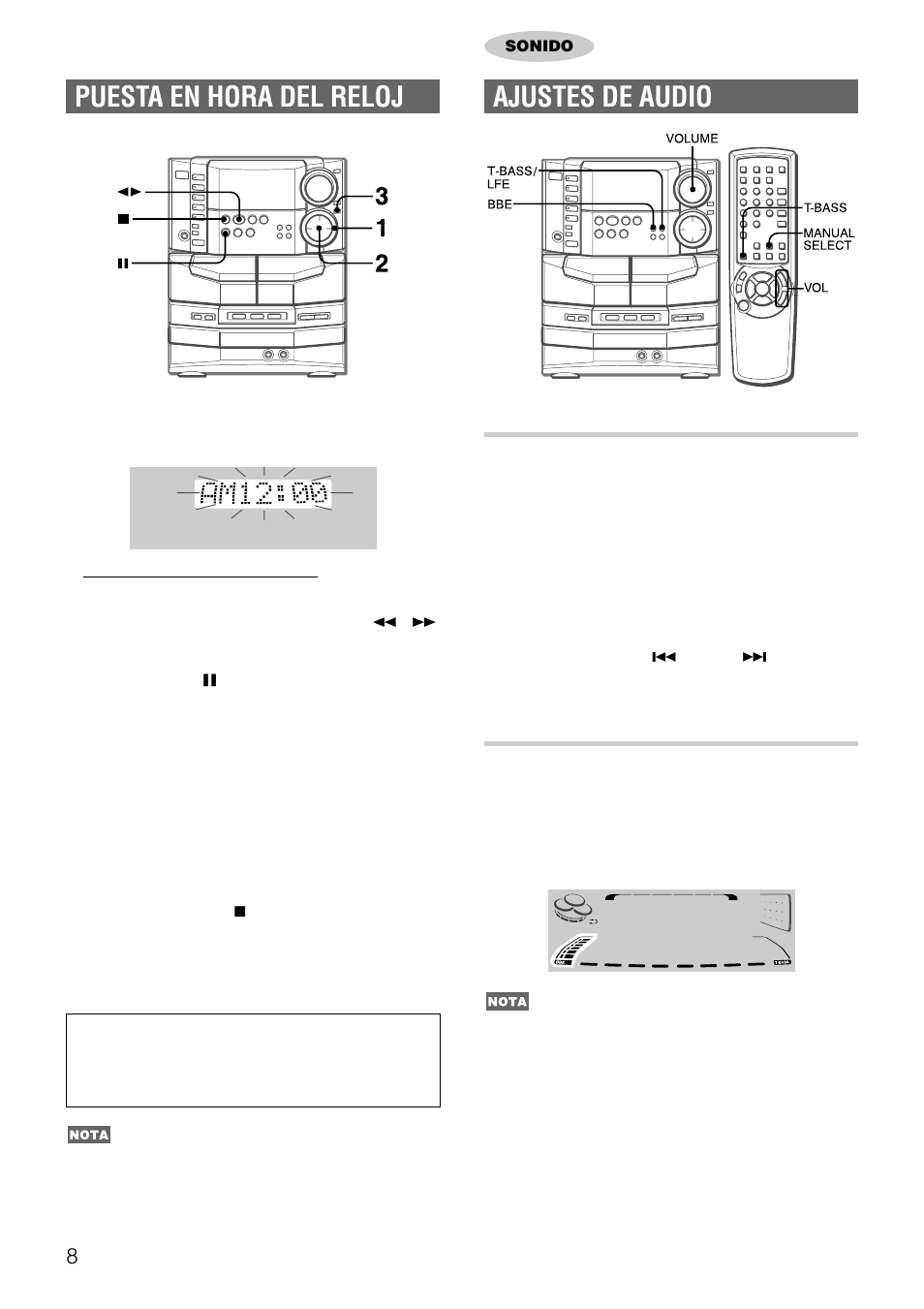 Ajustes de audio, Puesta en hora del reloj, Control de volumen | Sistema bbe | Aiwa NSX-DS8 User Manual | Page 42 / 101