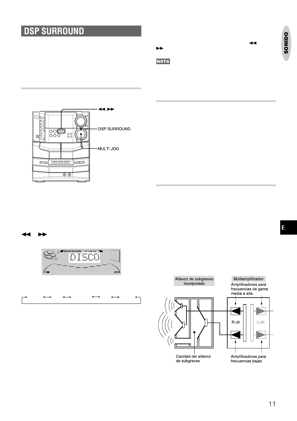 Dsp surround, Seleccion de un modo dsp surround programado, Sistema multiamplificador | Sistema de altavoz de subgraves incorporado | Aiwa NSX-DS8 User Manual | Page 45 / 101