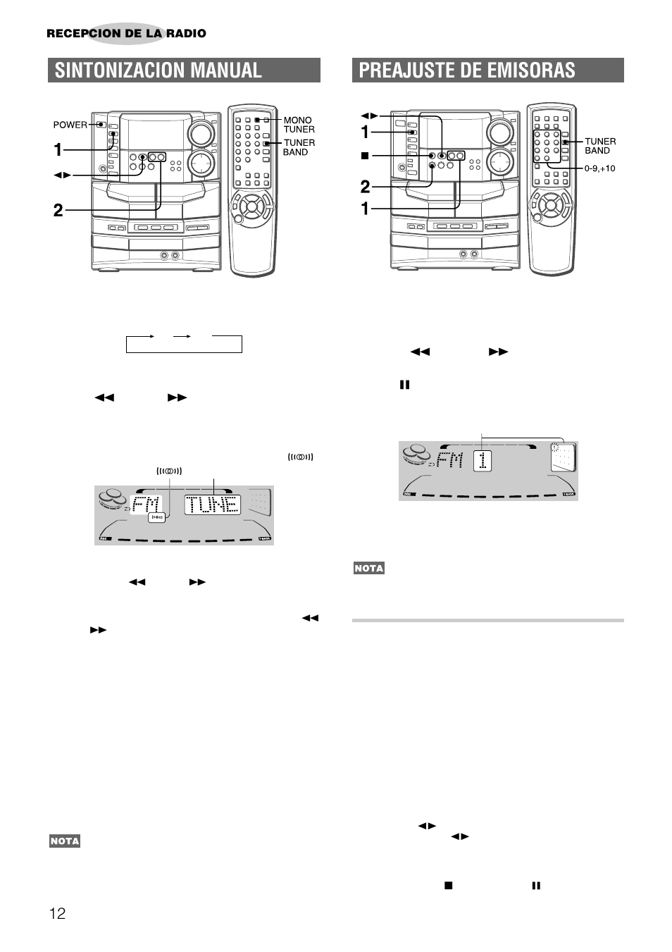 Preajuste de emisoras, Sintonizacion manual, Sintonizacion mediante numero de preajuste | Aiwa NSX-DS8 User Manual | Page 46 / 101