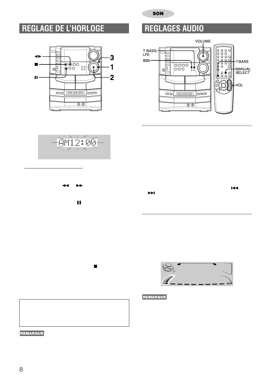 Reglages audio, Reglage de l’horloge, Volume | Systeme bbe | Aiwa NSX-DS8 User Manual | Page 75 / 101