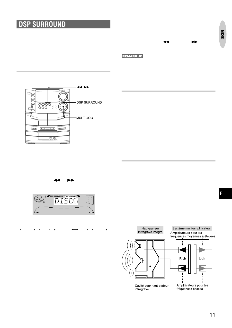 Dsp surround, Selection d’un mode dsp surround programme, Système multi-amplificateur | Système à haut-parleur infragrave intégré | Aiwa NSX-DS8 User Manual | Page 78 / 101