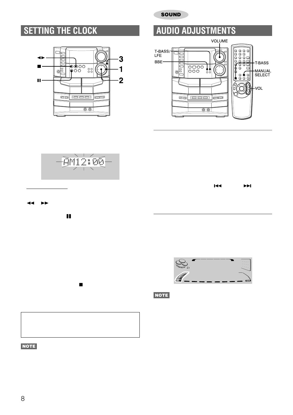 Setting the clock, Audio adjustments, Volume | Bbe system | Aiwa NSX-DS8 User Manual | Page 8 / 101