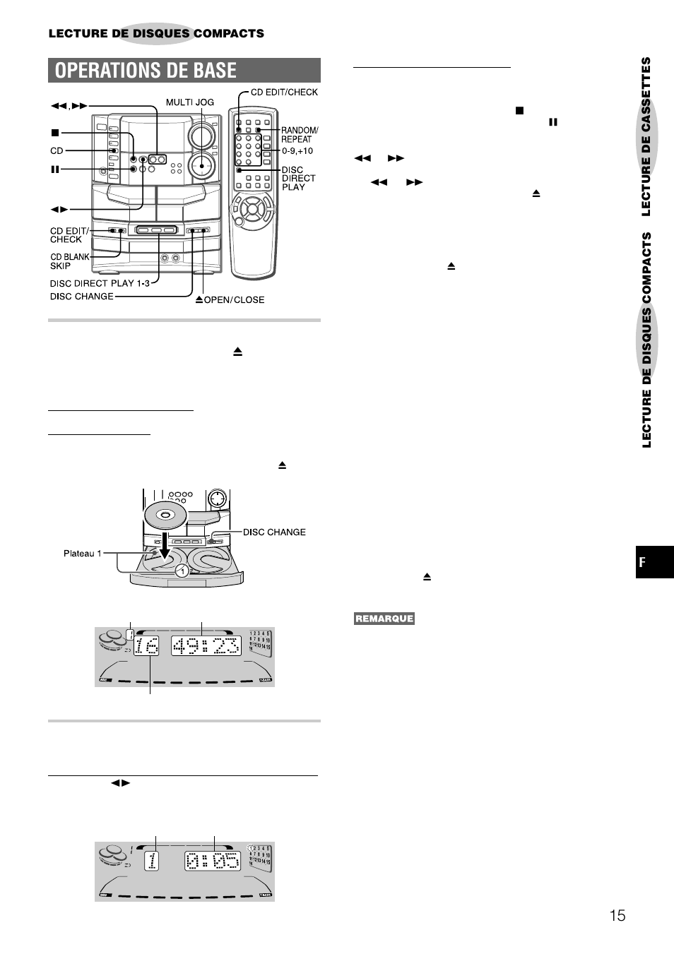 Operations de base, Mise en place de disques, Lecture de disques | Aiwa NSX-DS8 User Manual | Page 82 / 101