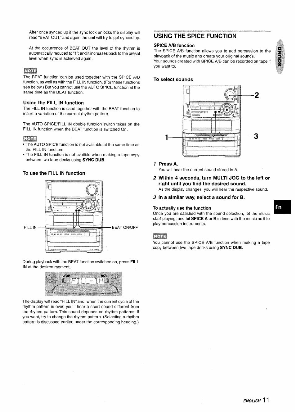 Using the spice function, Spice a/b function, Using the fill in function | To select sounds, To use the fill in function, 1 press a, 3 in a similar way, select a sound for b, To actually use the function, Fill | Aiwa NSX-A999 User Manual | Page 11 / 92