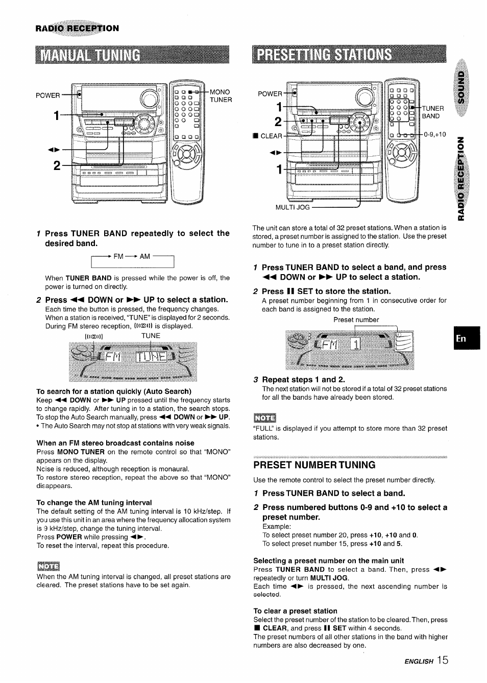 Press ◄◄ down or ►► up to select a station, R1 ti..iy-e, Press ii set to store the station | To search for a station quickly (auto search), When an fm stereo broadcast contains noise, To change the am tuning interval, Repeat steps 1 and 2, Preset numbertuning, 1 press tuner band to select a band, To clear a preset station | Aiwa NSX-A999 User Manual | Page 15 / 92