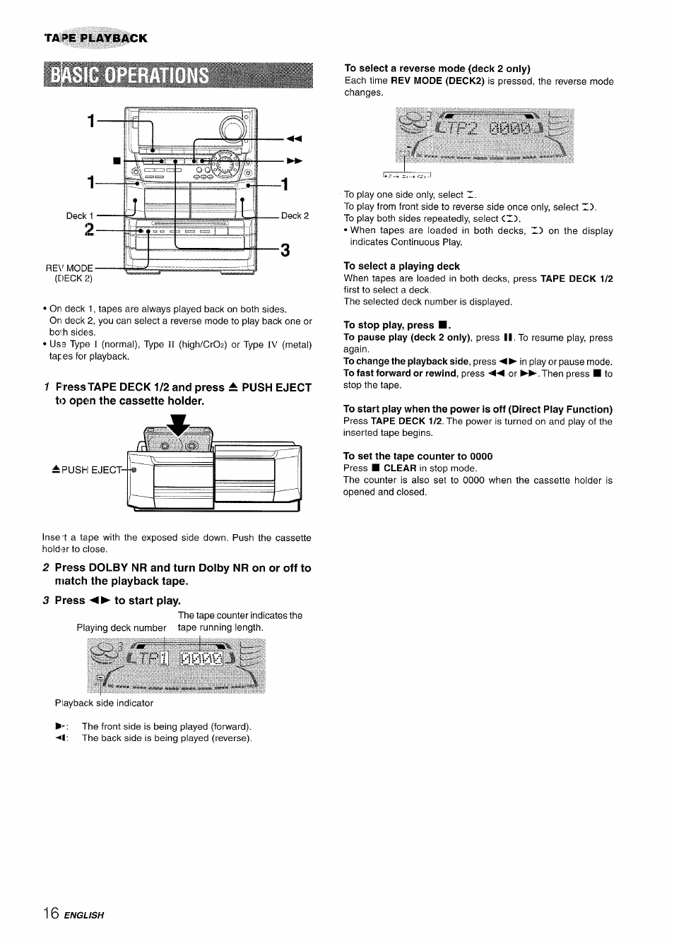 To select a reverse mode (deck 2 only), Tf2 000w, To select a playing deck | To stop play, press, 3 press ◄►to start play, Tpl 0000, 000w | Aiwa NSX-A999 User Manual | Page 16 / 92