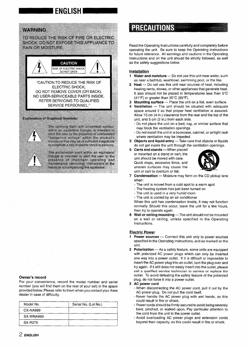 English, Warning, Caution | Precautions, Xplciiicilion of giiiphiodl symbols, Installation, Owner’s record, Electric power, 3 ac power cord | Aiwa NSX-A999 User Manual | Page 2 / 92