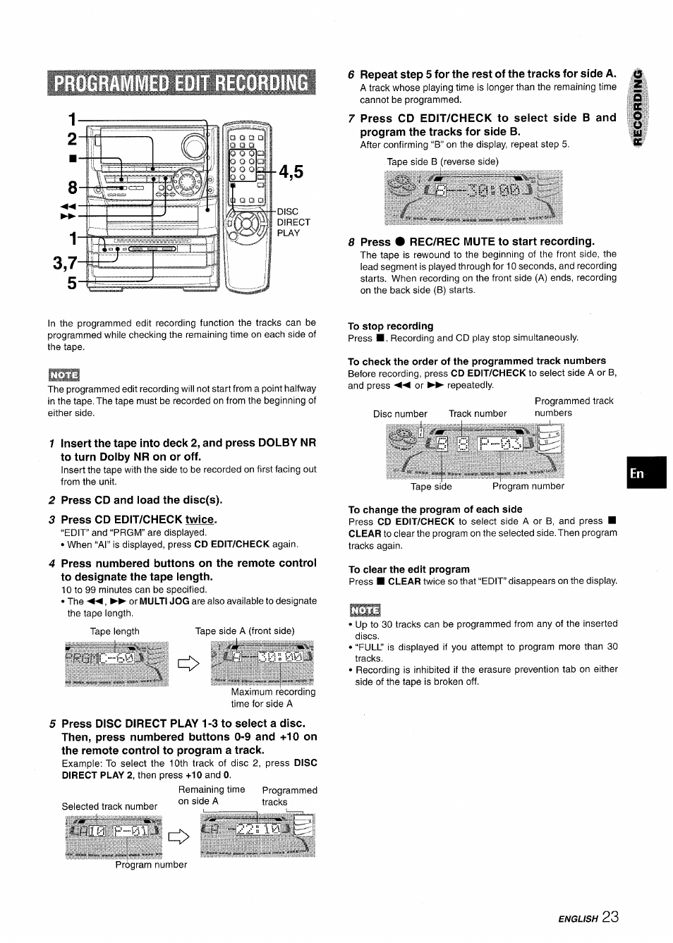 B .30 =; 00, To stop recording, To check the order of the programmed track numbers | H s r‘ 03, To clear the edit program | Aiwa NSX-A999 User Manual | Page 23 / 92