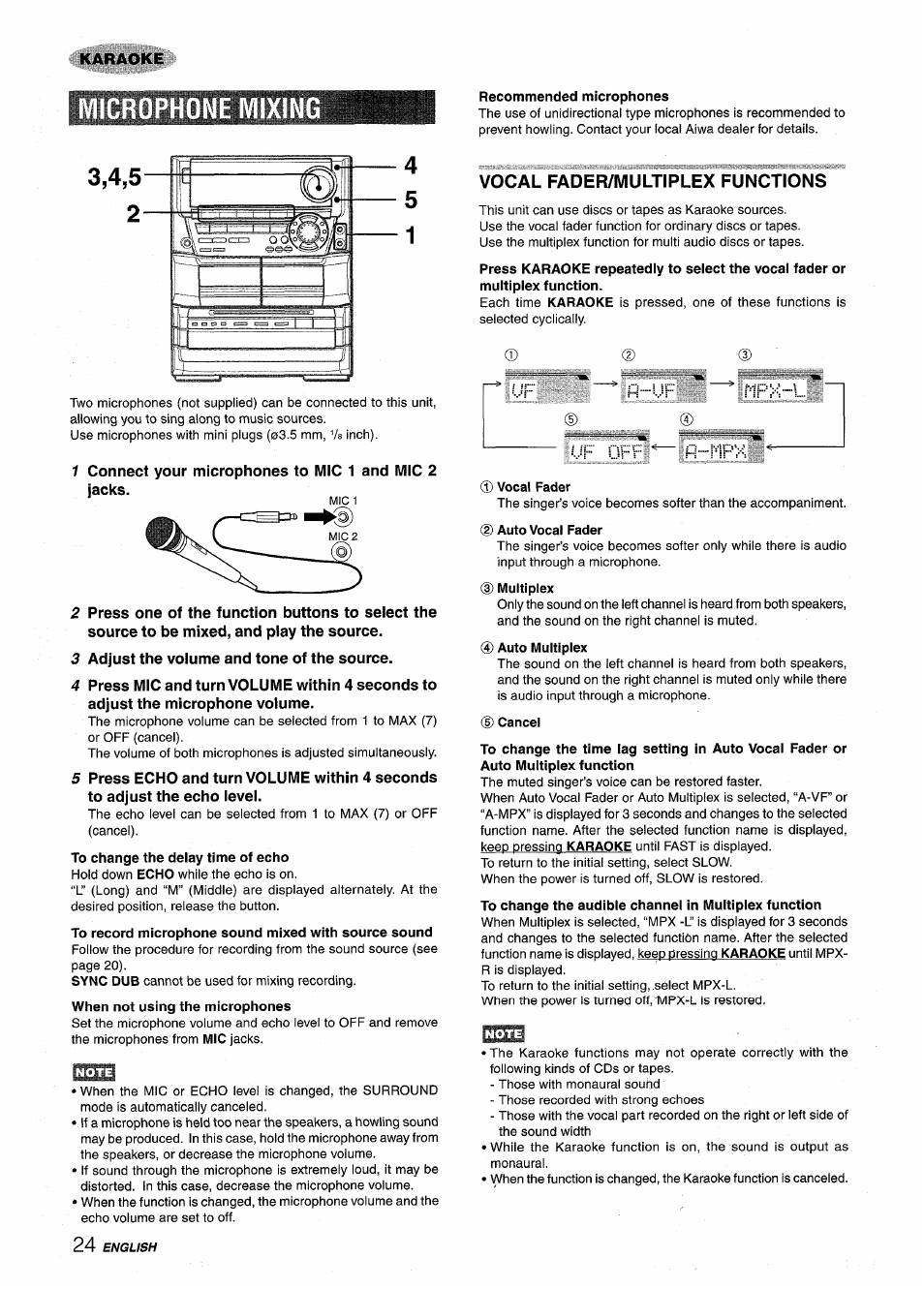 Microphone mixing, 3 adjust the volume and tone of the source, To record microphone sound mixed with source sound | When not using the microphones, Recommended microphones, Vocal fader/multiplex functions, Vocal fader, D multiplex, D) auto multiplex, 5) cancel | Aiwa NSX-A999 User Manual | Page 24 / 92