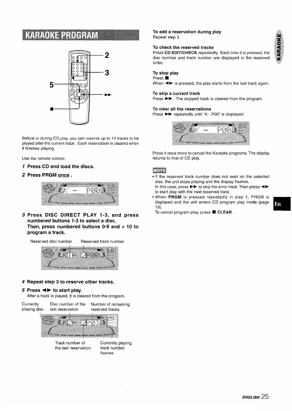 1 press cd and load the discs, 2 press prgm once, To add a reservation during play | To stop play, To skip a current track, To ciear aii the reservations, I :;;; p0v, 4 repeat step 3 to reserve other tracks, 5 press ◄►to start play | Aiwa NSX-A999 User Manual | Page 25 / 92