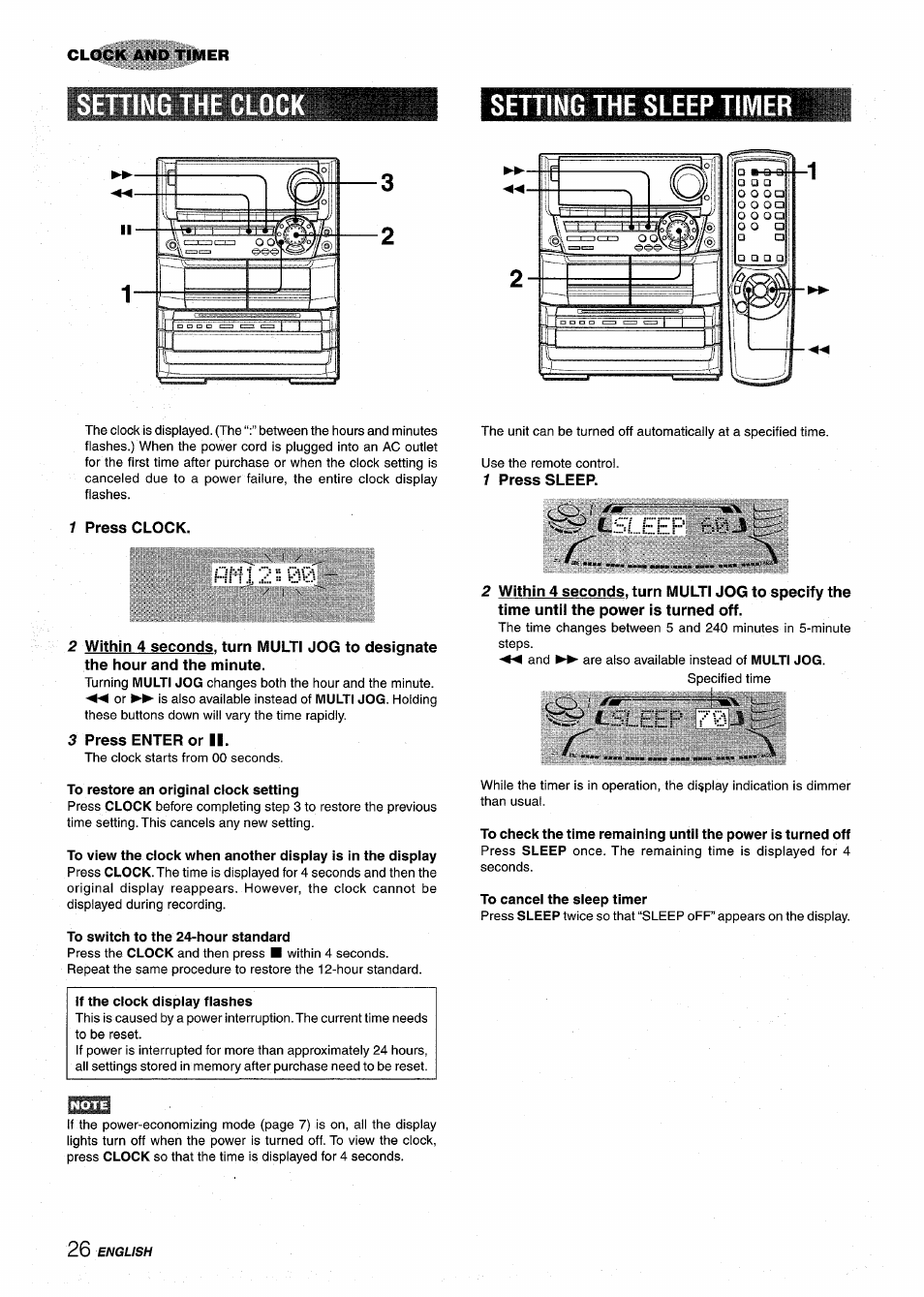 Setting the sleep timer, 1 press clock, Nnl2