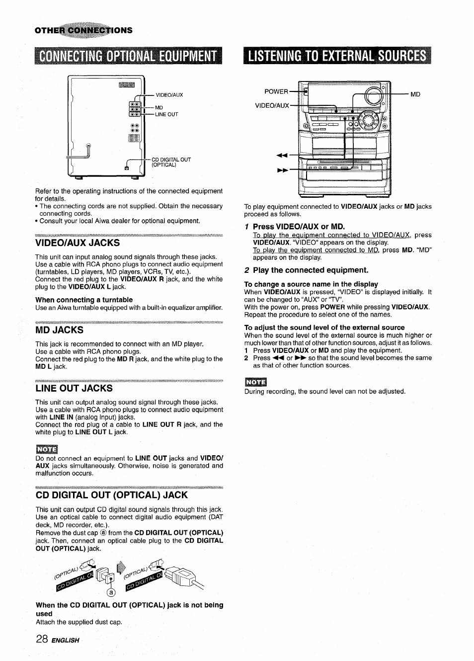 Video/aux jacks, Md jacks, 1 press video/aux or md | 2 play the connected equipment, Line out jacks, Cd digital out (optical) jack | Aiwa NSX-A999 User Manual | Page 28 / 92