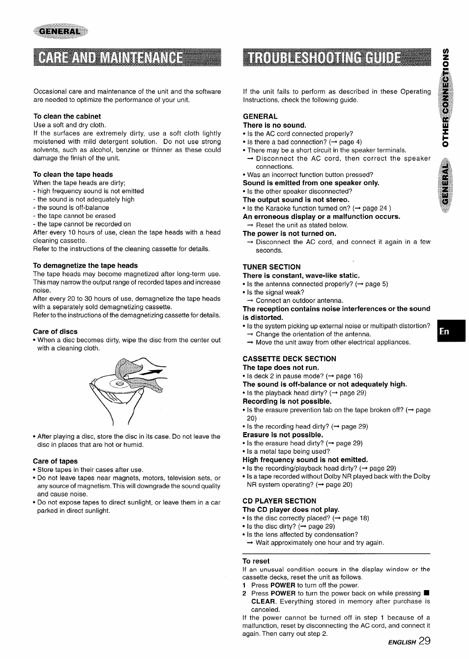 To clean the cabinet, To clean the tape heads, To demagnetize the tape heads | Care of discs, Care of tapes, General there is no sound, Tuner section, Cassette deck section the tape does not run, Cd player section the cd player does not play, To reset | Aiwa NSX-A999 User Manual | Page 29 / 92