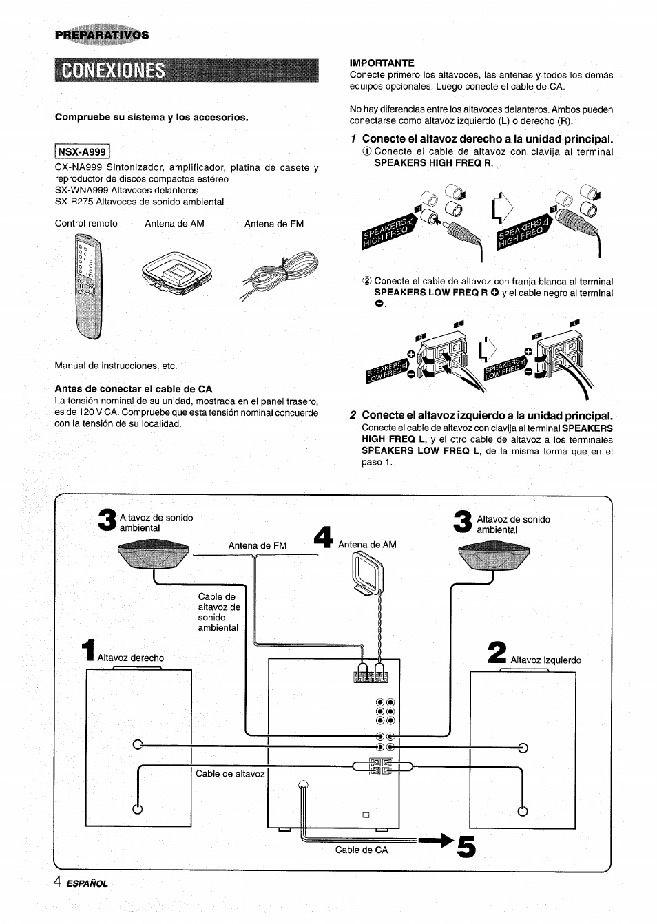 1 conecte el altavoz derecho a la unidad principal, Conecte el altavoz izquierdo a la unidad principal | Aiwa NSX-A999 User Manual | Page 34 / 92