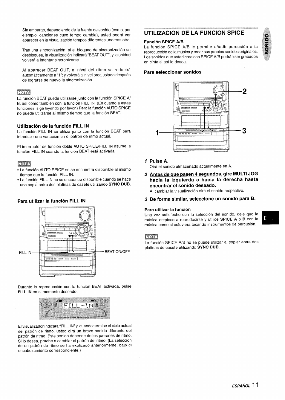 Utilización de ia función fill in, Utilizacion de la funcion spice, Función spice a/b | Para seleccionar sonidos, Para utilizar la función fill in, 1 pulse a, Fill | Aiwa NSX-A999 User Manual | Page 41 / 92