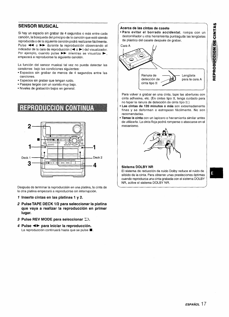 Sensor musical, 1 inserte cintas en las platinas 1 y 2, 3 pulse rev mode para seleccionar | 4 pulse para iniciar la reproducción, Sistema dolby nr | Aiwa NSX-A999 User Manual | Page 47 / 92