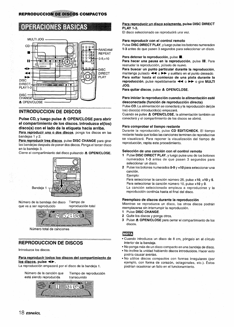 Operaciones basic, Introduccion de discos, Reproduccion de discos | Para reproducir con el control remoto, Para detener la reproducción, pulse, Para comprobar el tiempo restante, Selección de una canción con el control remoto, Reemplazo de discos durante la reproducción, 1 pulse disc change | Aiwa NSX-A999 User Manual | Page 48 / 92