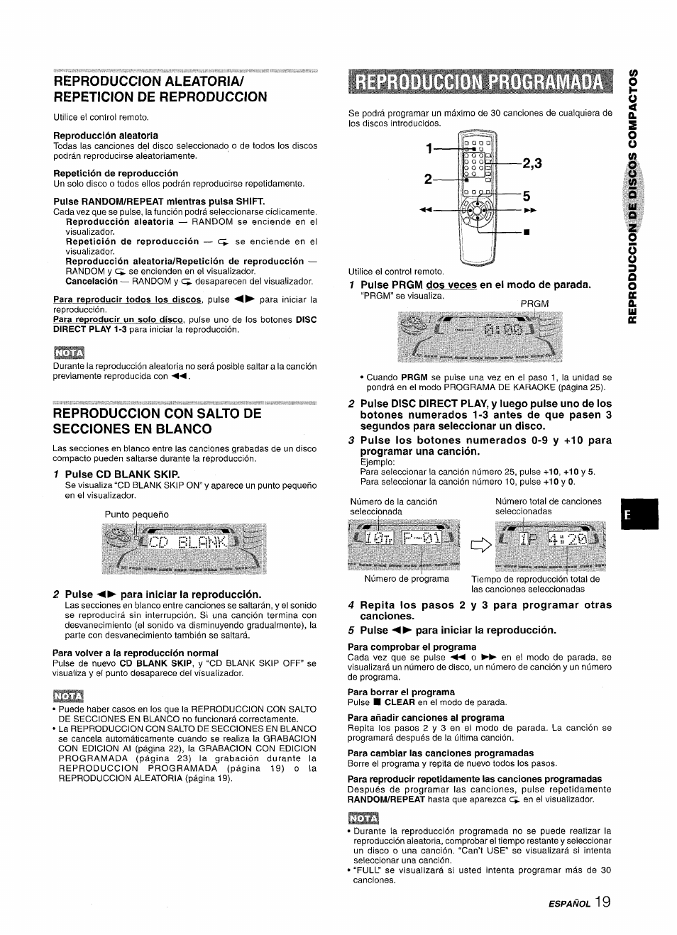 Reproduccion aleatoria/ repeticion de reproduccion, Reproducción aleatoria, Pulse randoiw/repeat mientras pulsa shift | 1 pulse prgwi dos veces en el modo de parada, Reproduccion con salto de secciones en blanco, 1 pulse cd blank skip, Iq-h f‘ 0í, 2 pulse para iniciar la reproducción, Para volver a la reproducción normal, 5 pulse para iniciar la reproducción | Aiwa NSX-A999 User Manual | Page 49 / 92