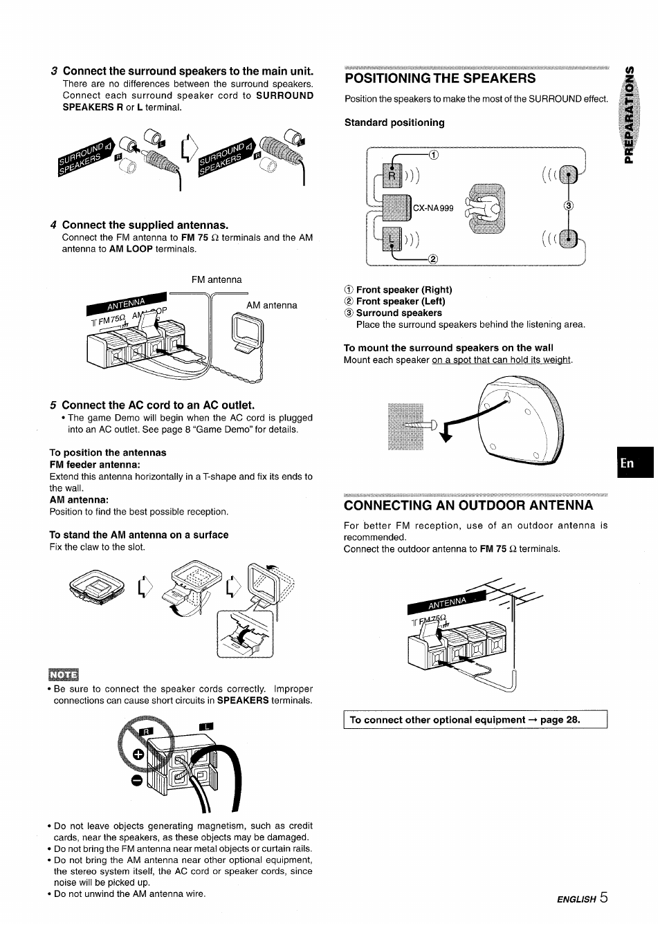 3 connect the surround speakers to the main unit, 4 connect the suppiied antennas, 5 connect the ac cord to an ac outiet | To position the antennas fm feeder antenna, To stand the am antenna on a surface, Positioning the speakers, Front speaker (right), To mount the surround speakers on the wall, Connecting an outdoor antenna | Aiwa NSX-A999 User Manual | Page 5 / 92