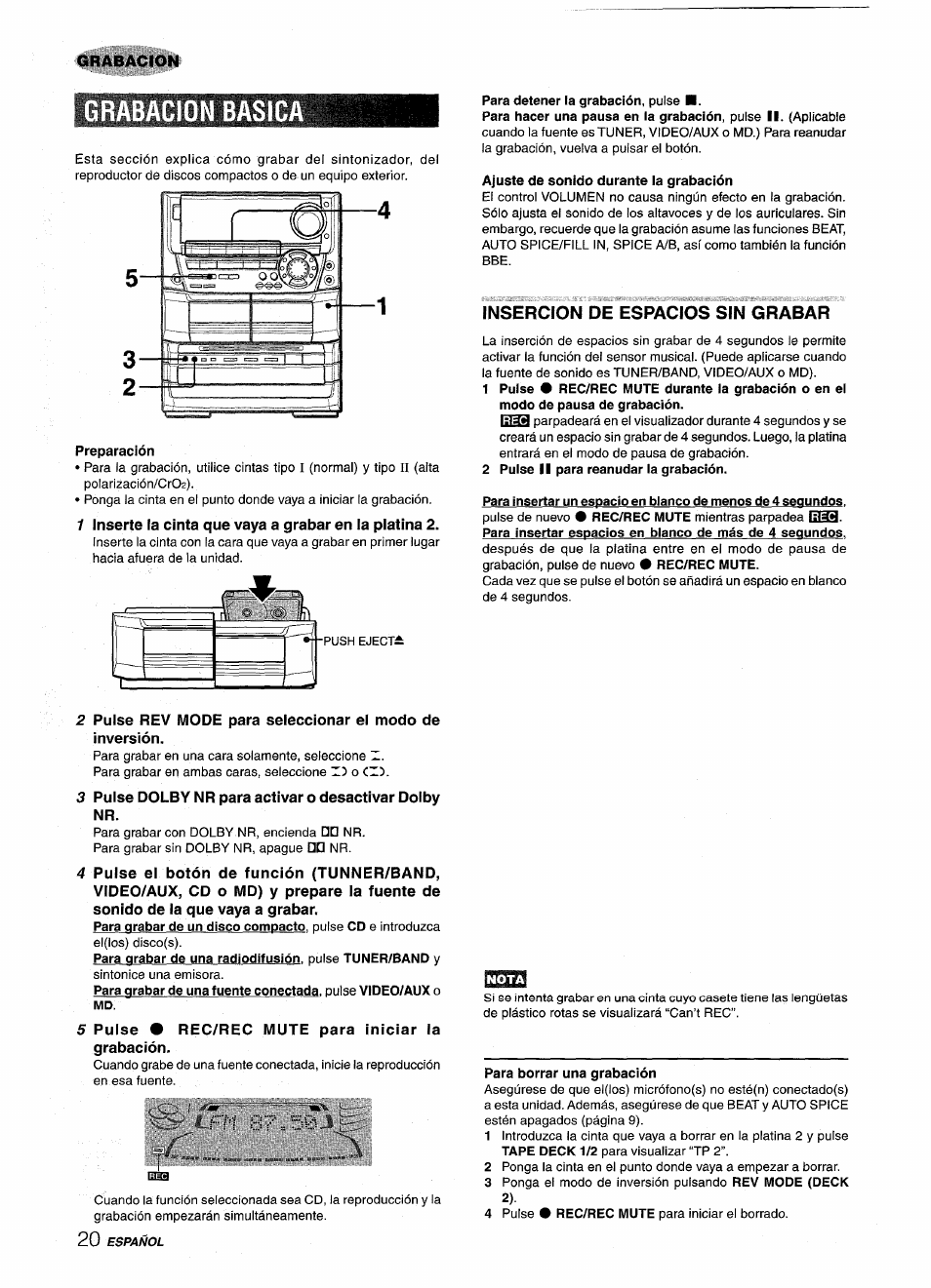 Grabacion basica, Preparación, Para detener la grabación, puise | Ajuste de sonido durante la grabación, Insercion de espacios sin grabar, 2 pulse ii para reanudar la grabación | Aiwa NSX-A999 User Manual | Page 50 / 92