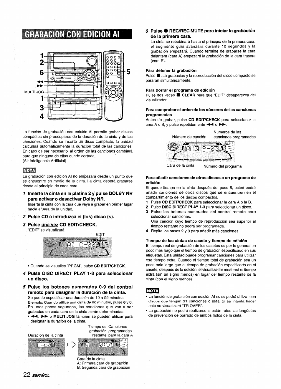 Grabacion con edicion al, Para detener la grabación, Para borrar el programa de edición | 2 pulse cd e introduzca el (los) disco (s), 3 pulse una vez cd edit/check, Tiempo de las cintas de casete y tiempo de edición, P—063 | Aiwa NSX-A999 User Manual | Page 52 / 92