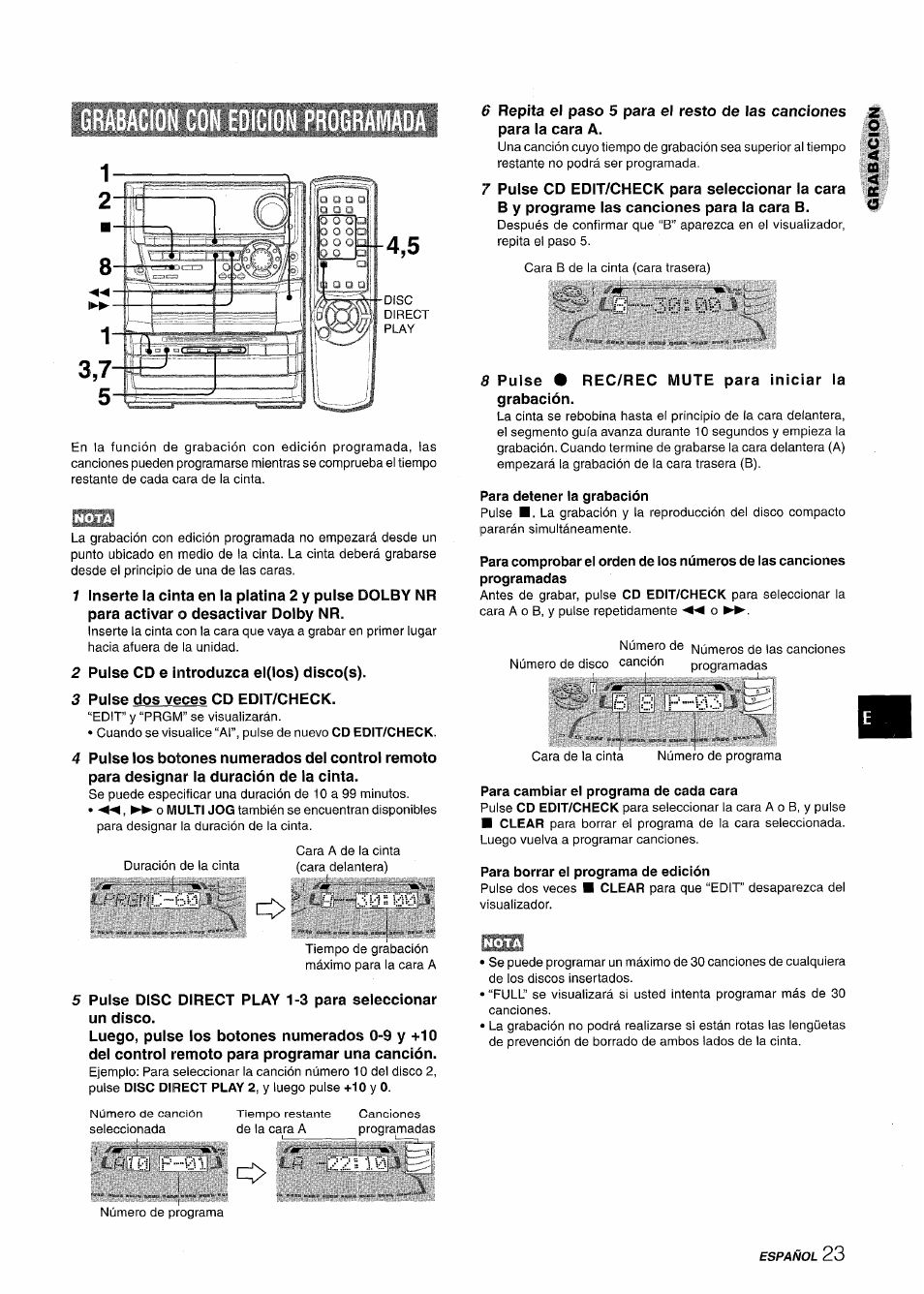 Grabacion con eoicion programaoa, Para detener la grabación, Para borrar el programa de edición | Aiwa NSX-A999 User Manual | Page 53 / 92
